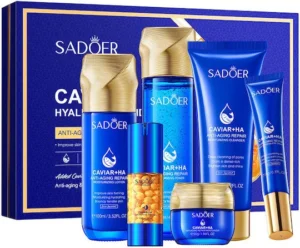 Sadoer Caviar Hyaluronic Acid Anti-Aging Set - Πολυτελές σετ περιποίησης προσώπου 6 τεμαχίων με εκχύλισμα χαβιαριού και υαλουρονικό οξύ για αντιγήρανση και σύσφιξη.